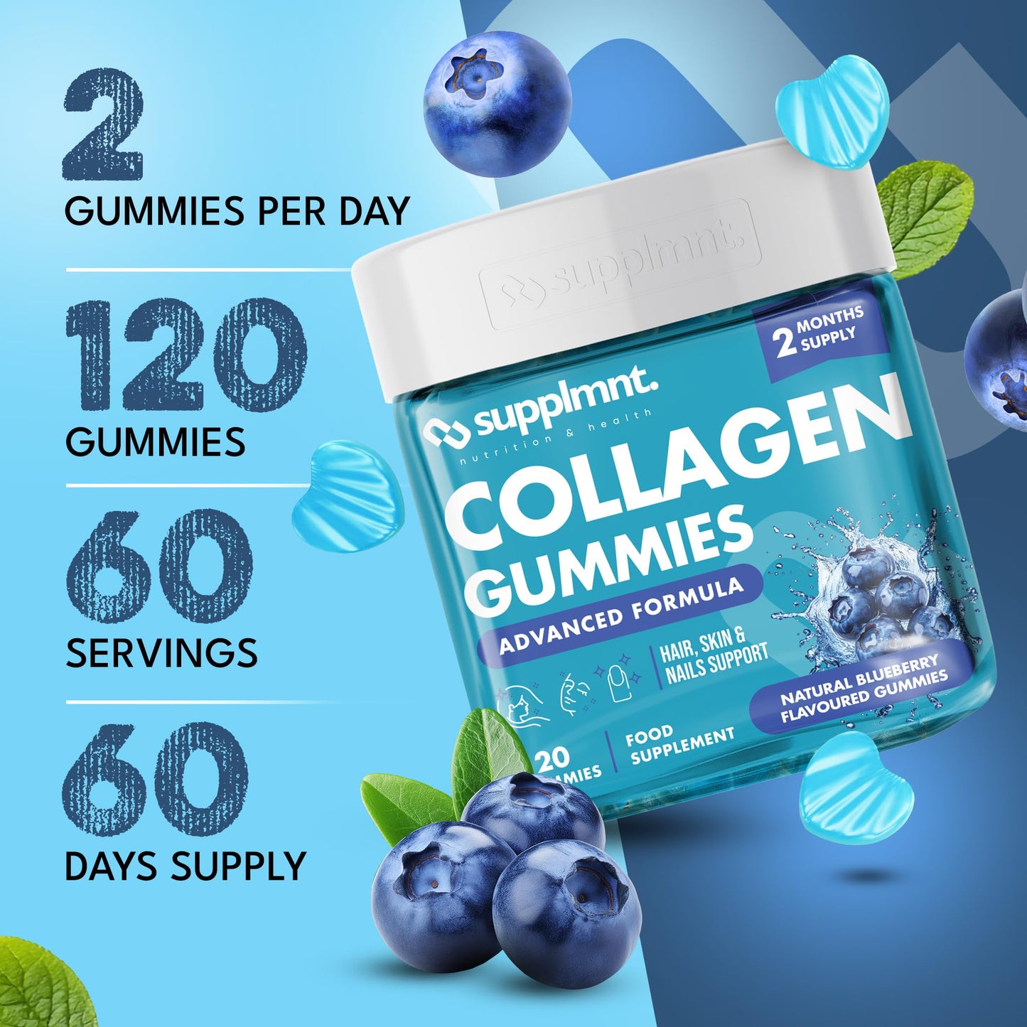 supplmnt. Supplmnt. Marine Collagen Gummies, Hydrolysed Collagen Peptides with Biotin, Hyaluronic Acid & Vitamin C, Supplements for Women & Men, for Skin, Hair & Nails, Blueberry