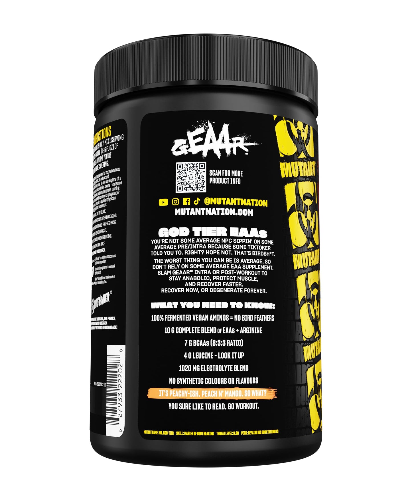 Mutant MUTANT GEAAR - Complete Essential Amino Acids | 10g EAAs + Arginine | Vegan | Electrolytes | No Synthetic Colors or Flavours | Muscle Recovery & Hydration | 420g | 30 Serves | Peach Mango
