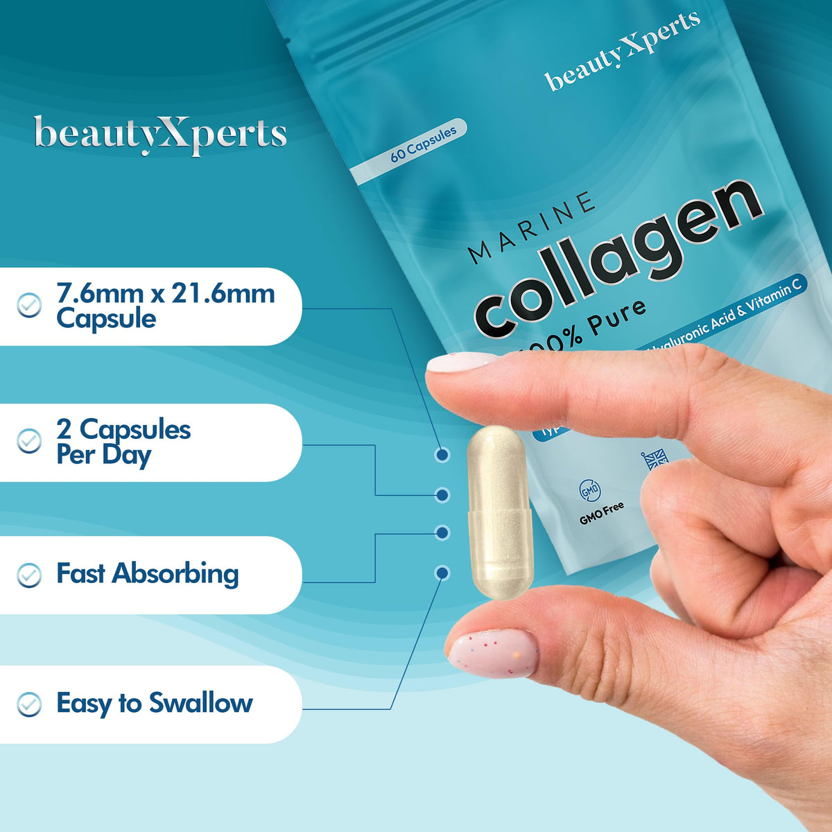 BeautyXperts Marine Collagen Capsules | with Biotin, Hyaluronic Acid & Vitamin C | High Strength Pure Collagen Peptides Supplements for Women and Men | 60 Capsules (Not Tablets or Powder)