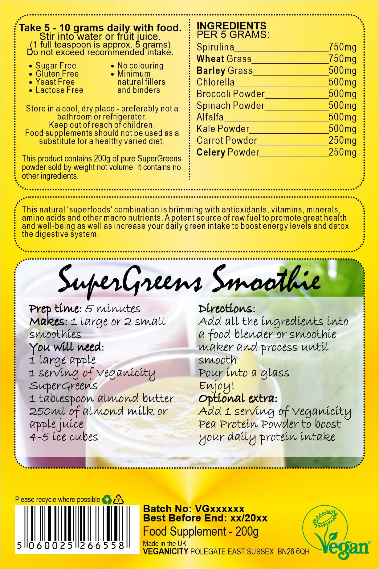 Veganicity SuperGreens Powder : Green Superfoods General Health & Well-Being Supplement : 200g, in a recycleable Pouch