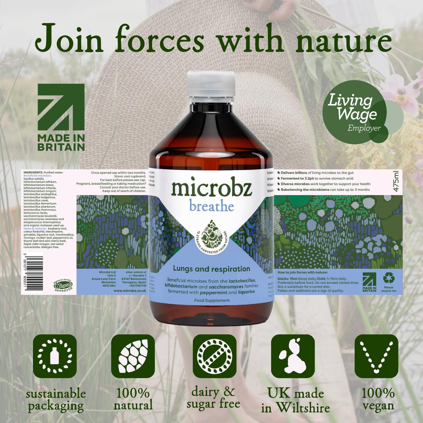 microbz MICROBZ Breathe Liquid Probiotics for Gut Health – Award-Winning Probiotic Supplement with 15 Strains & Fermented Herbs for Respiratory Health – Gluten Free & Vegan Probiotic Drink – 31 Servings