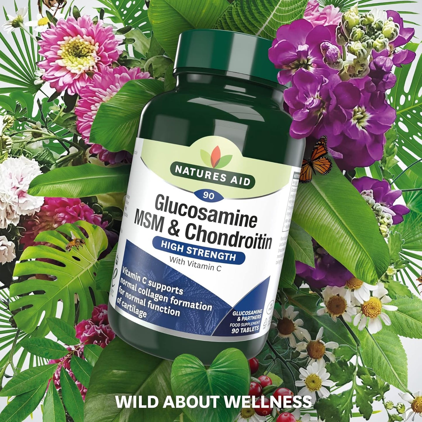 Natures Aid Glucosamine MSM & Chondroitin with Vitamin C - High Strength Joint Support - Mobility & Cartilage Health, Collagen Formation - Non-GMO, Gluten-Free Supplement - 90 Tablets