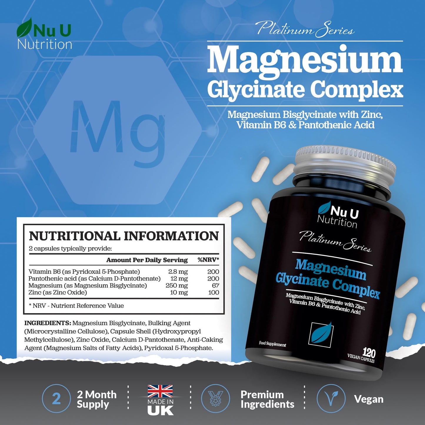 Magnesium Glycinate Complex with Vitamin B6, Zinc & Pantothenic Acid - 120 Vegan Capsules - 250mg Elemental Magnesium per Serving - High Strength Magnesium Bisglycinate - Nu U Nutrition