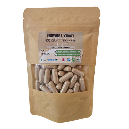 FoodPURA 60 x 600mg Brewers Yeast Capsules 100% Pure & Natural Not Debittered HACCP Certified Manufactured in The UK