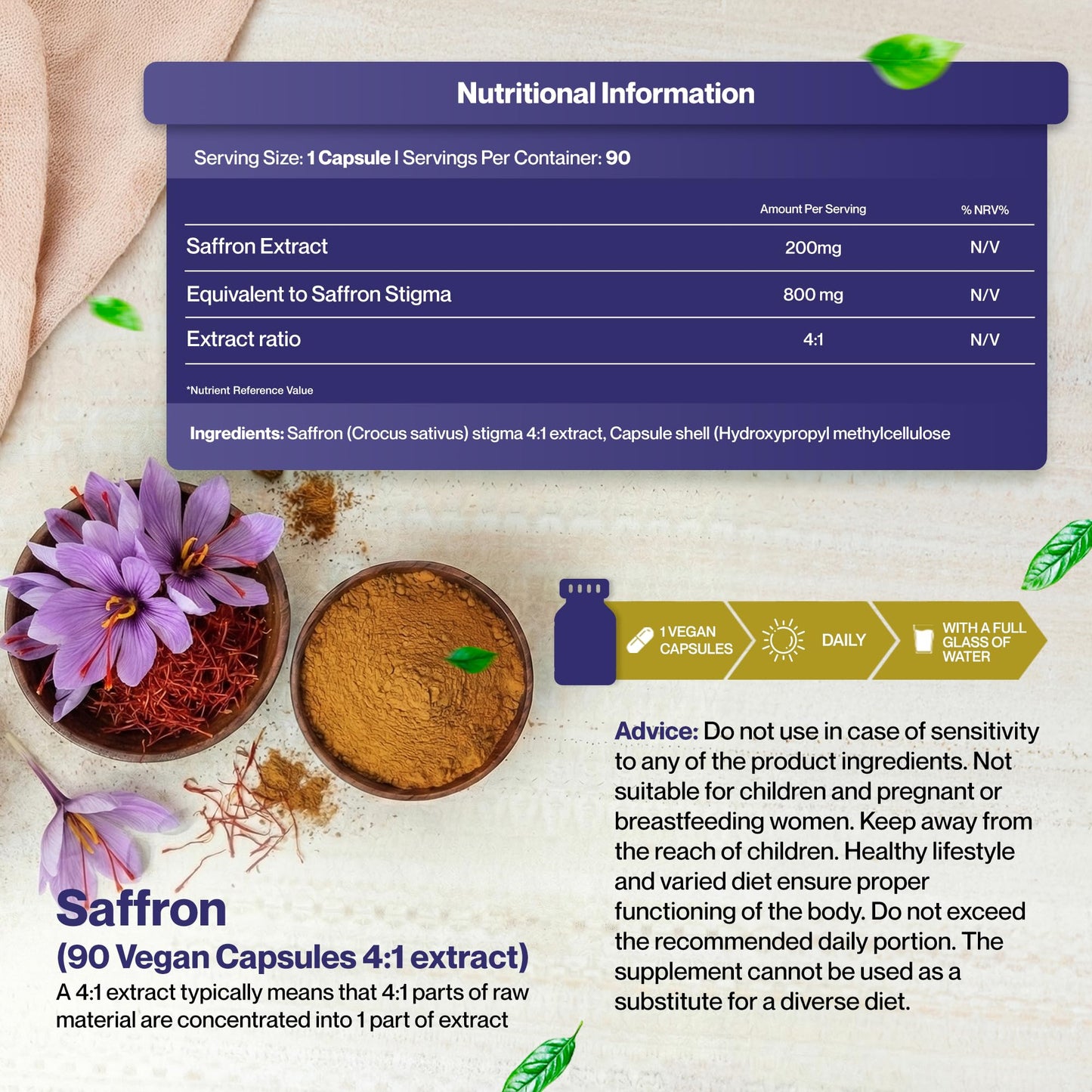 Hepatica Saffron Extract (Crocus Sativus) 800mg Equivalent | 200mg 4:1 Stigma Extract | with Safranal & Crocin | 60 Vegan Capsules | 3rd Party Lab Tested