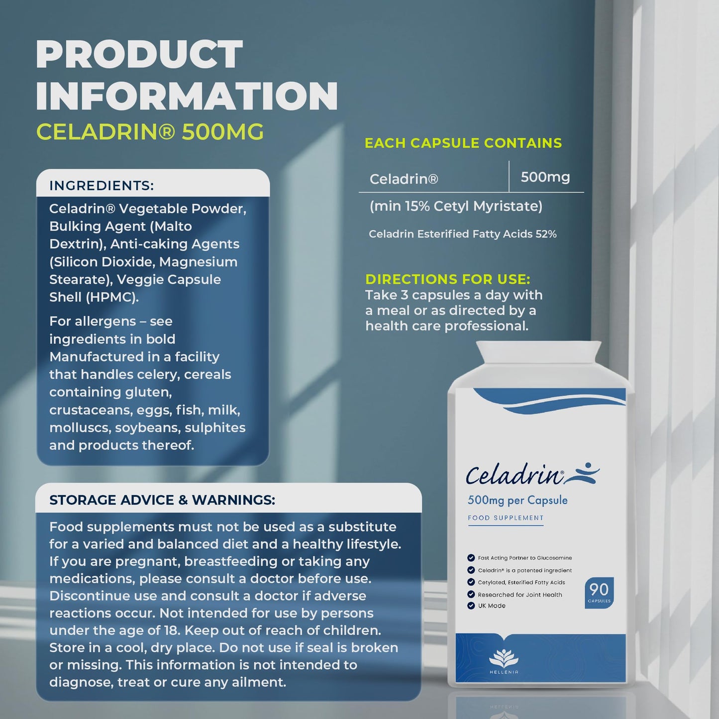 Celadrin® Capsules 500mg | Potent Joint Care Supplement | Branded Ingredient | Clinically researched for Improved Joint Function & Mobility | 90 Capsules - Vegan Friendly | Made in The UK by Hellenia
