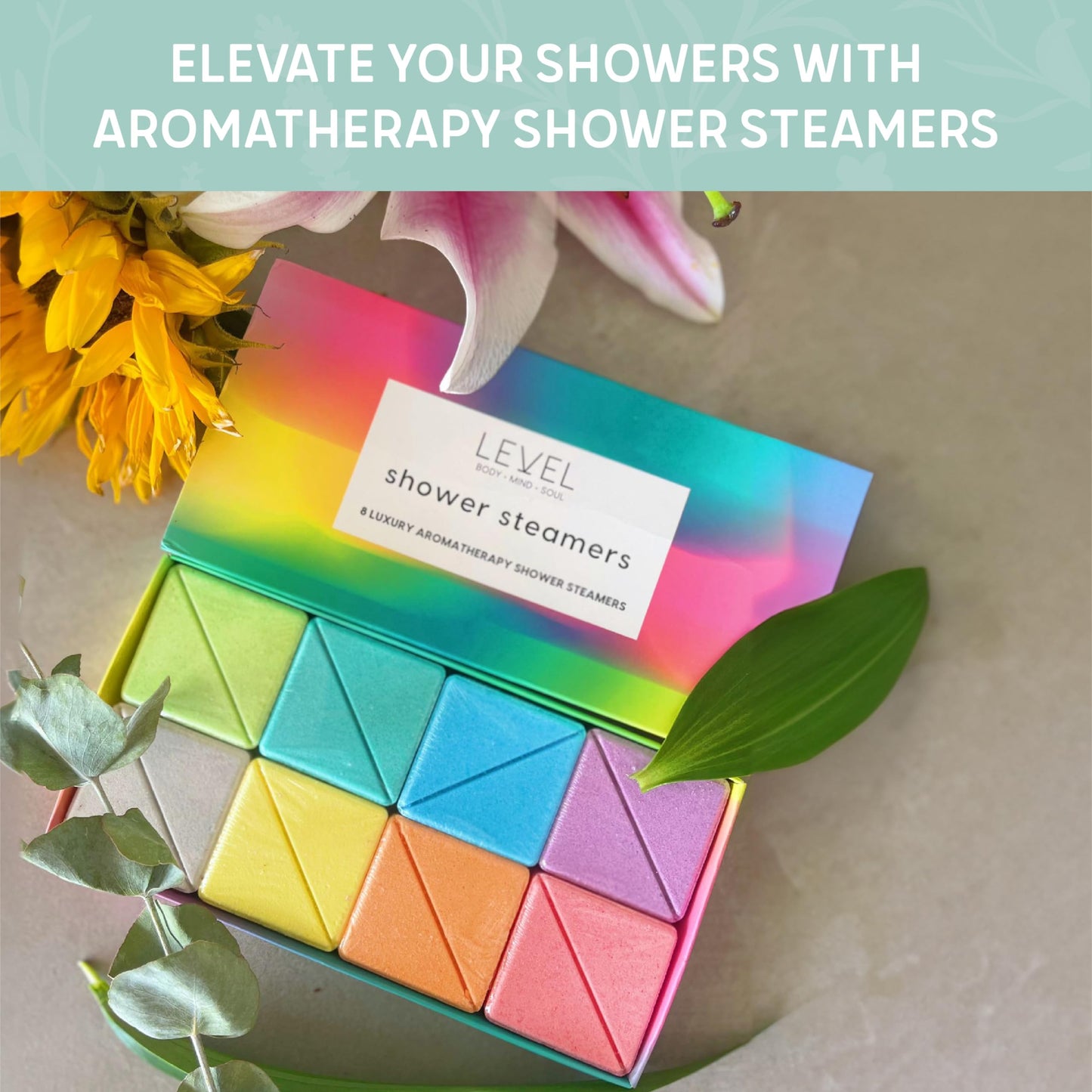 Level Body Mind Soul - Aromatherapy Shower Steamers - Energising, 8 Pack - Birthday Gifts for Women - Shower Bombs with Multiple Fragrances - Self Care Relaxation, Body Restore, Sinus Relief Vapour