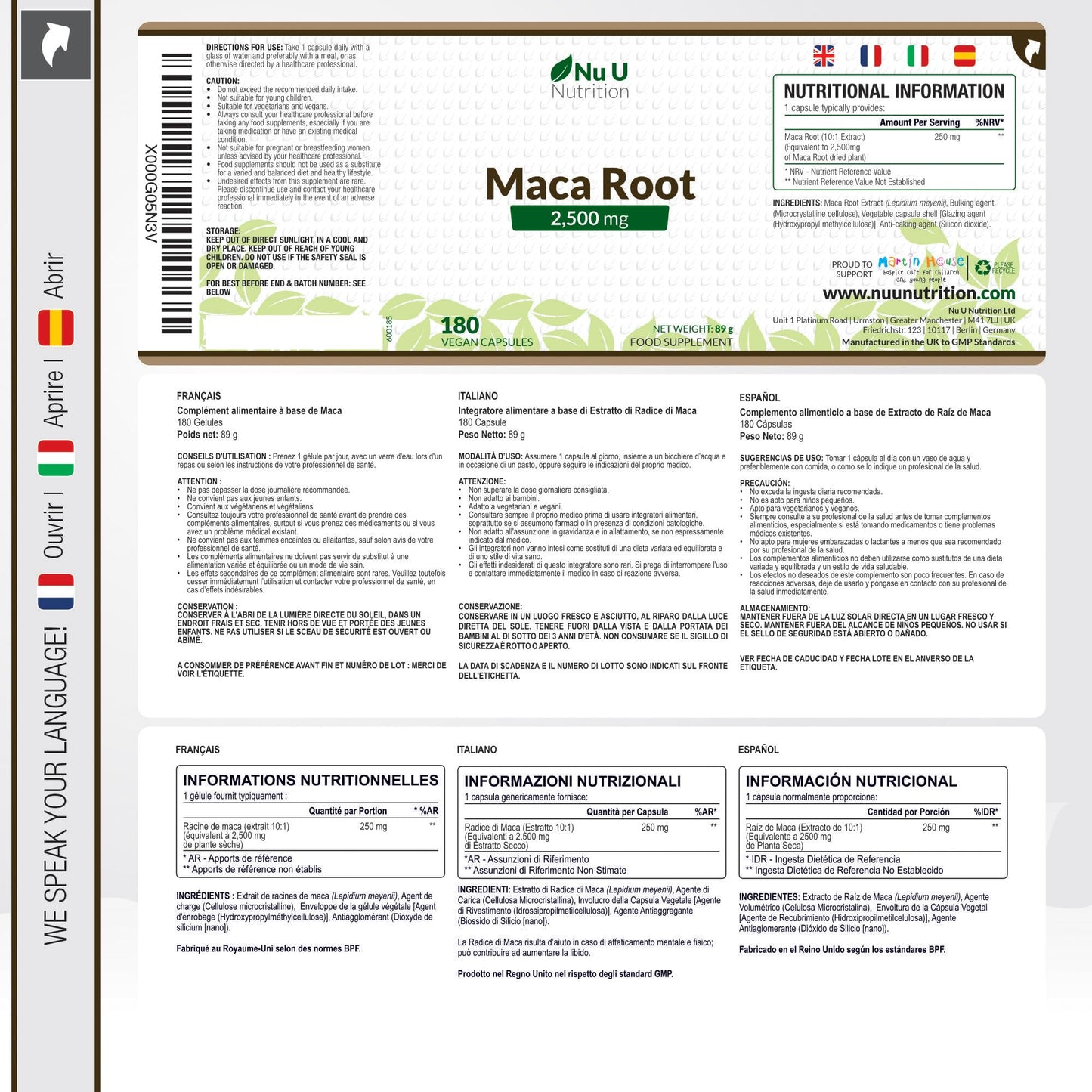 Nu U Nutrition - Maca Root Capsules 2500mg - 250mg of Maca Root per Capsule - 180 Vegan Capsules - 6 Month Supply - Maca Root Extract Supplement for Men & Women - Made in The UK