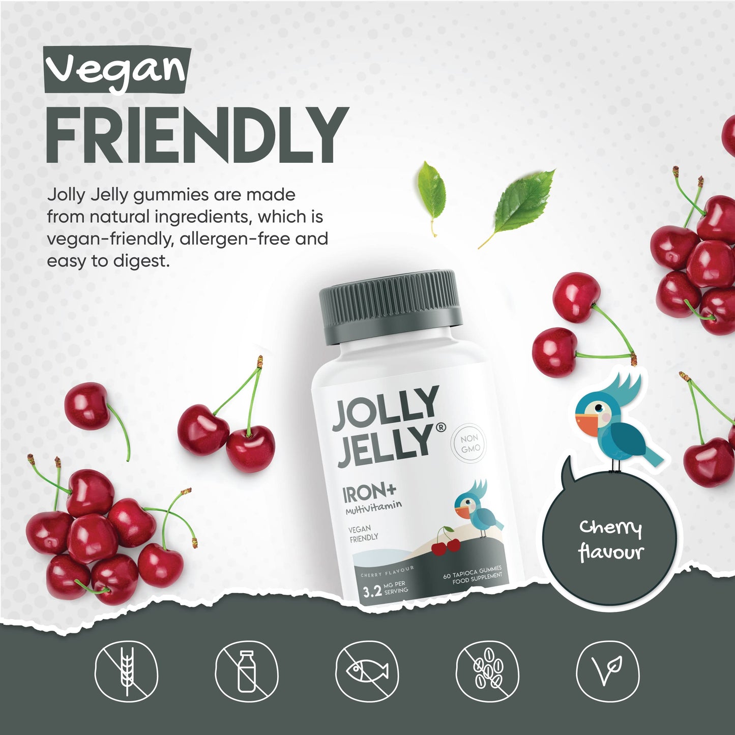 JOLLY JELLY Iron & Multivitamins Tapioca Gummies - 3200mcg - Potent Formula for Energy & Immunity, Made with Organic Tapioca, Cherry Flavour - Kosher, Halal, Non GMO - 60 Vegan Fruity Gummies.