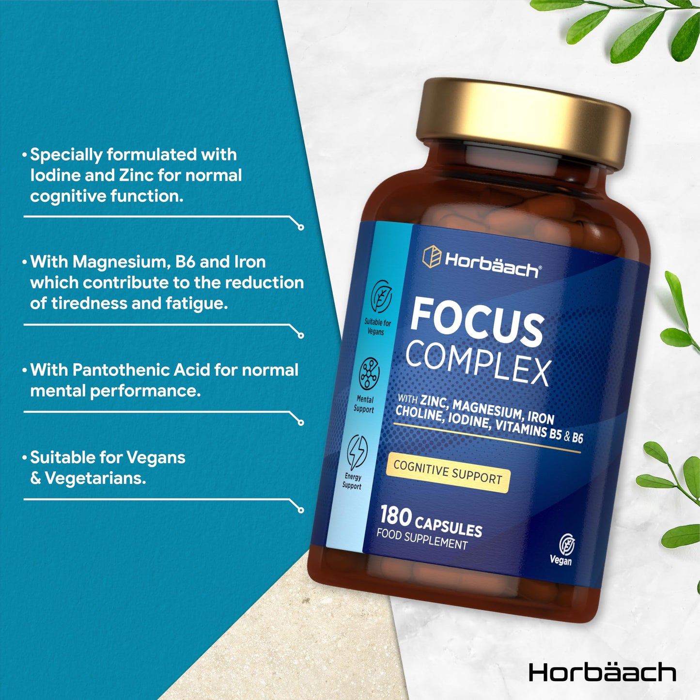 Horbäach Nootropic Brain Supplements | 180 Vegan Capsules | Cognitive Complex Enhancer for Energy, Focus & Mental Performance | by Horbaach