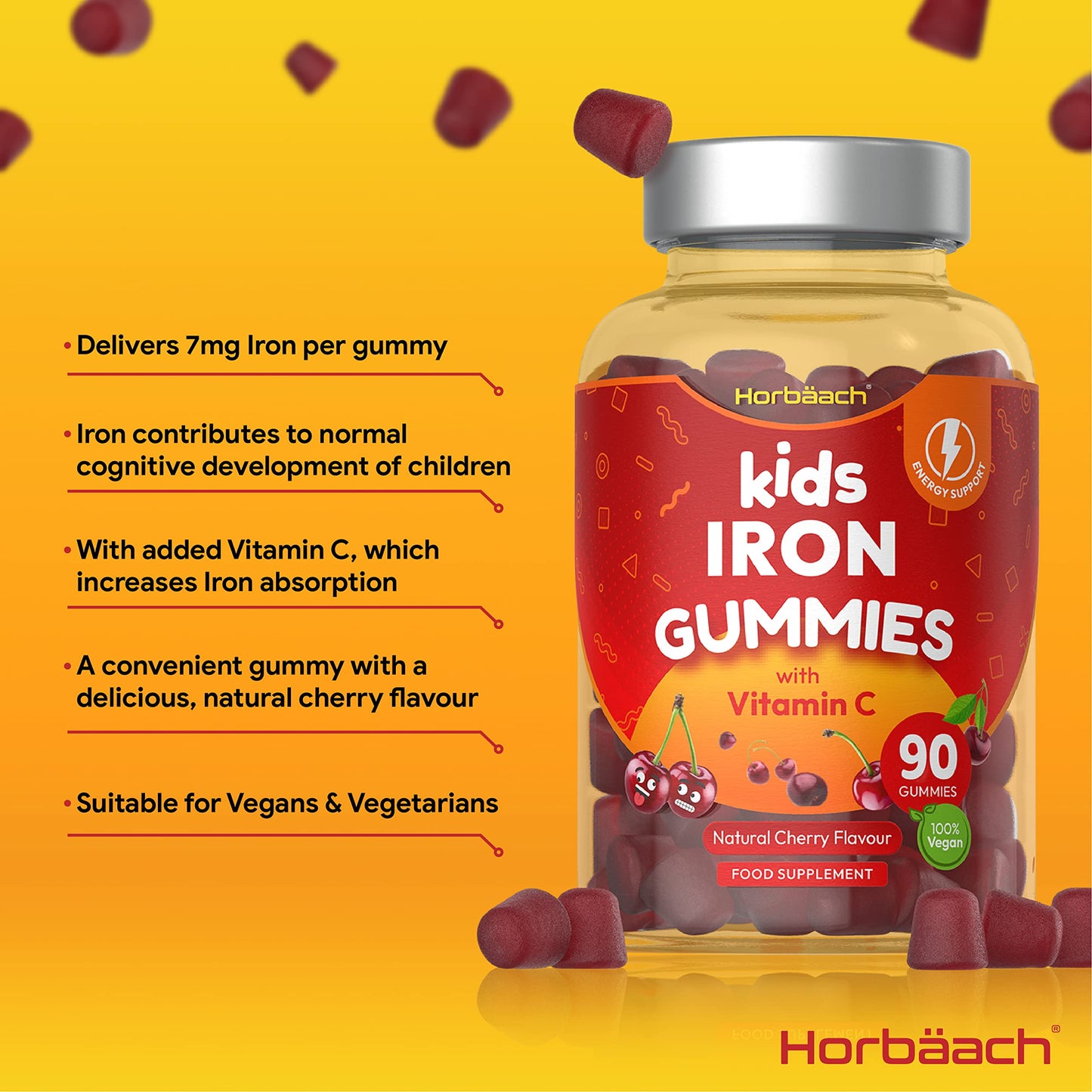Kids Iron Gummies with Vitamin C | 90 Count | Natural Cherry Flavour | Chewable Vegan Supplement | by Horbaach