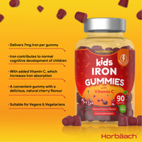 Kids Iron Gummies with Vitamin C | 90 Count | Natural Cherry Flavour | Chewable Vegan Supplement | by Horbaach