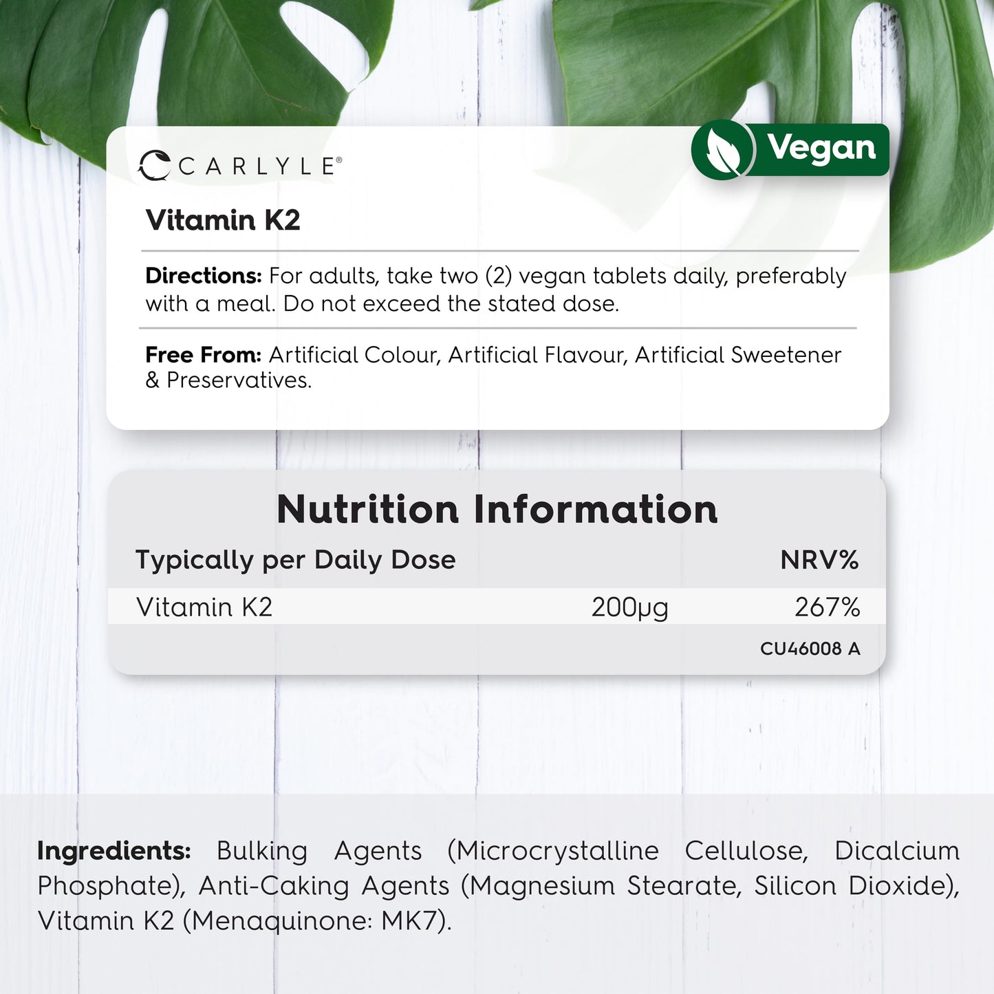 Vitamin K2 MK7 200mcg | High Strength | 180 Vegan Tablets | Menaquinone-MK7 | Suitable for Vegetarians and Vegans | By Carlyle