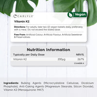 Vitamin K2 MK7 200mcg | High Strength | 180 Vegan Tablets | Menaquinone-MK7 | Suitable for Vegetarians and Vegans | By Carlyle