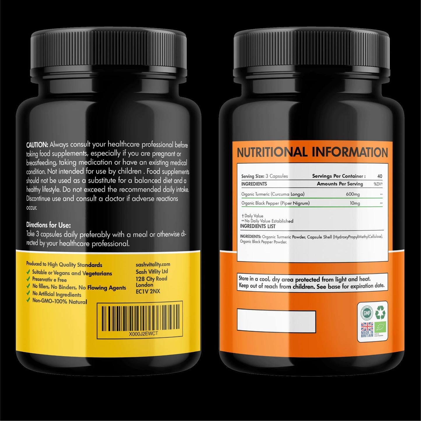 SASH Vitality Organic Turmeric Curcumin 600mg Serving with Organic Black Pepper | 120 Vegan Capsules | High Potency Antioxidant & Absorption | Certified Organic Supplement – UK Made Sash Vitality