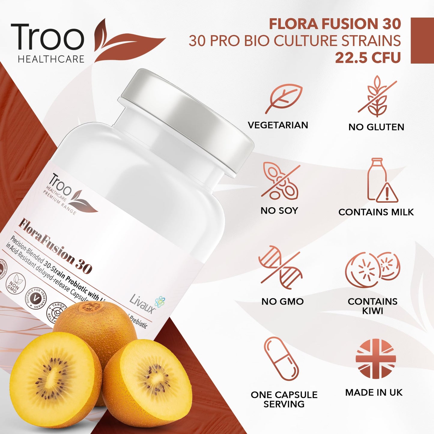 FloraFusion 30 Elite Advanced Probiotic and Livaux Prebiotic Active Cultures Supplement - 60 Capsules - 30 probiotics Strains (22.5 Billion CFU)