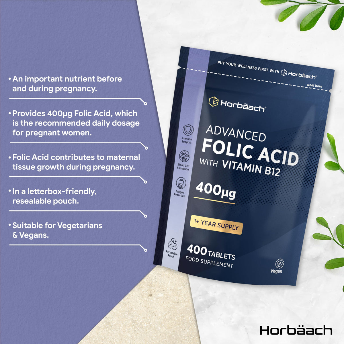 Horbäach Folic Acid Tablets 400mcg | 400 Count (1+ Year Supply) | with Added 5mcg of Vitamin B12 Cyanocobalamin | Pregnancy Support | Suitable for Vegans | By Horbaach