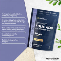 Horbäach Folic Acid Tablets 400mcg | 400 Count (1+ Year Supply) | with Added 5mcg of Vitamin B12 Cyanocobalamin | Pregnancy Support | Suitable for Vegans | By Horbaach