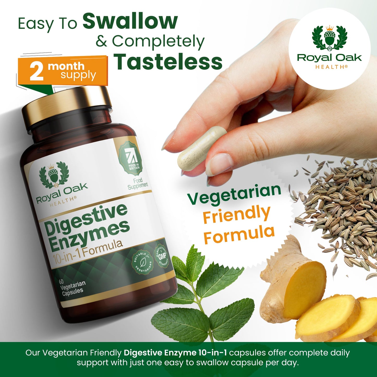 Royal Oak Health Digestive Enzymes - Broad Spectrum 10 in-1 Formula - with Amylase, Protease, Lipase, Papain & Bromelain - 60 Vegan Capsules, UK Made