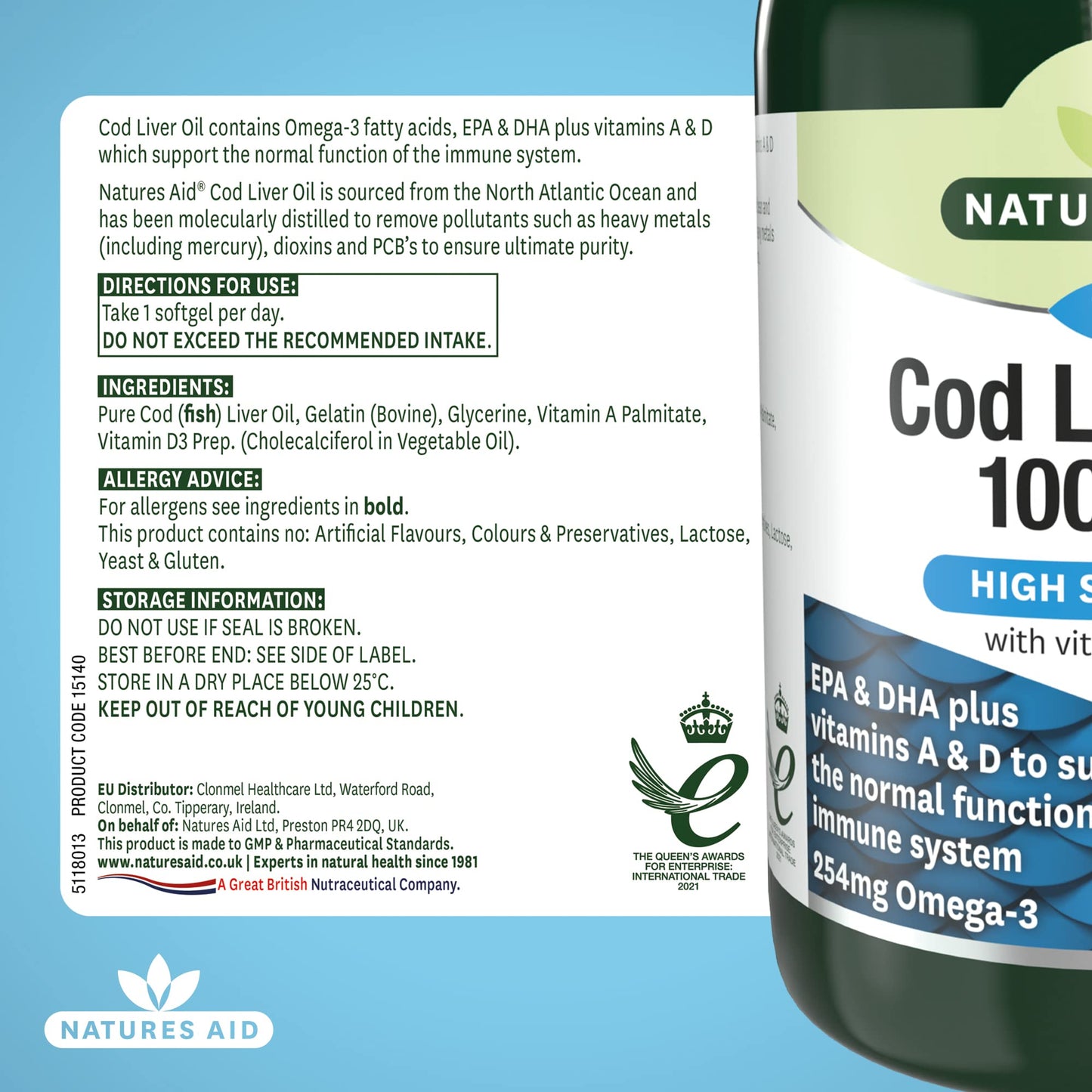 Natures Aid Cod Liver Oil 1000mg Softgels – High Strength Omega-3 Fish Oil with Vitamins A & D – Supports Immune System, Heart Health, Brain, Vision, Joints – Non-GMO – 180 Capsules