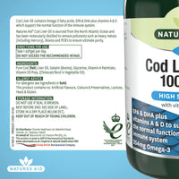 Natures Aid Cod Liver Oil 1000mg Softgels – High Strength Omega-3 Fish Oil with Vitamins A & D – Supports Immune System, Heart Health, Brain, Vision, Joints – Non-GMO – 180 Capsules