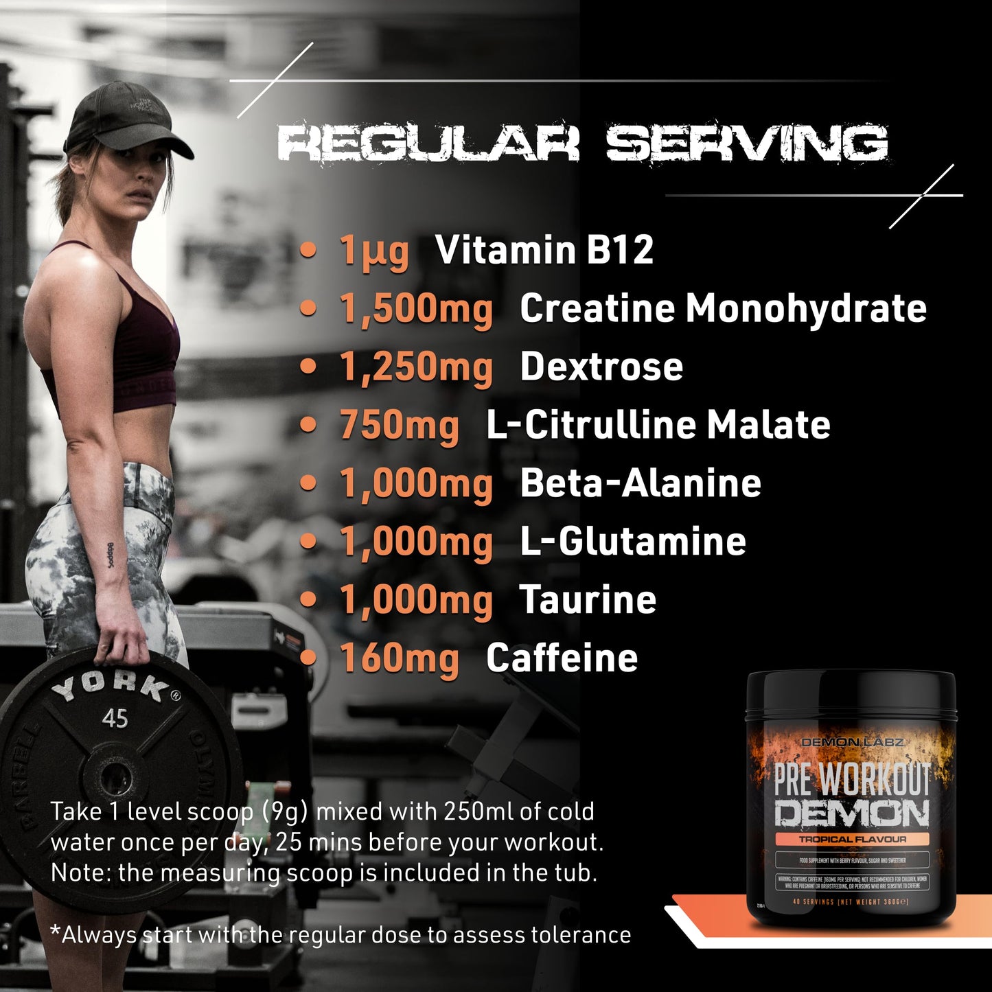 DEMON LABZ Pre Workout Demon, Tropical, 160mg Caffeine + Creatine, 360g