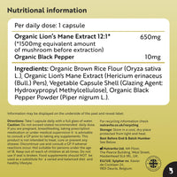Nutravita Organic Lions Mane Mushroom 1500mg - 120 High Strength Vegan Capsules (Not Powder) - Lions Mane Supplement with Organic Black Pepper - Made in The UK