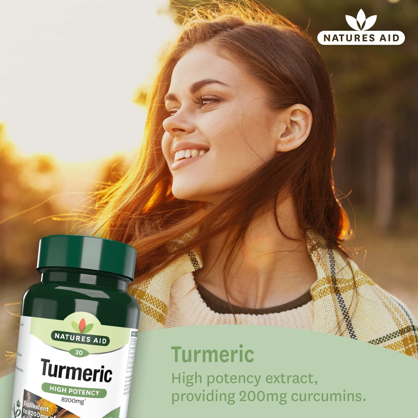 Natures Aid Turmeric 8200 mg, High Potency Extract plus Whole Herb, 200 mg Curcumins, Vegan, 30 Capsules