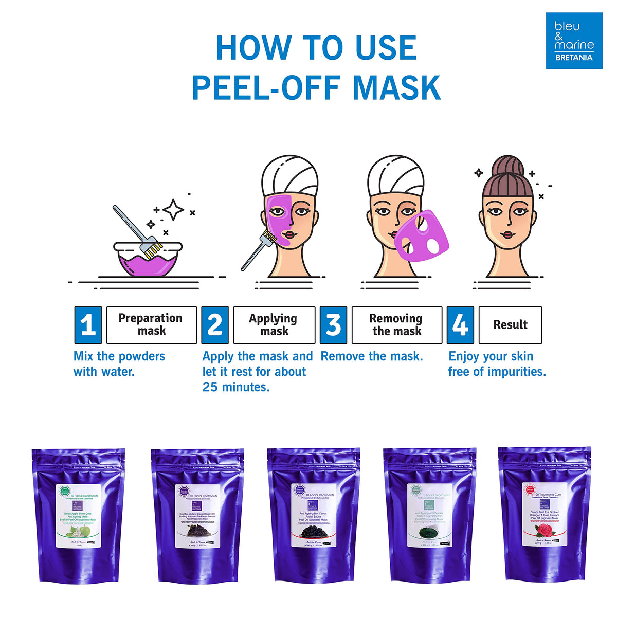 bleu & marine Bretania Spirulina Peel-Off Anti-Ageing Mask, Cooling Lifting and Anti-wrinkle Effect, Refreshing, Moisturising and Firming Face Care, Unisex,10 treatments 200 g