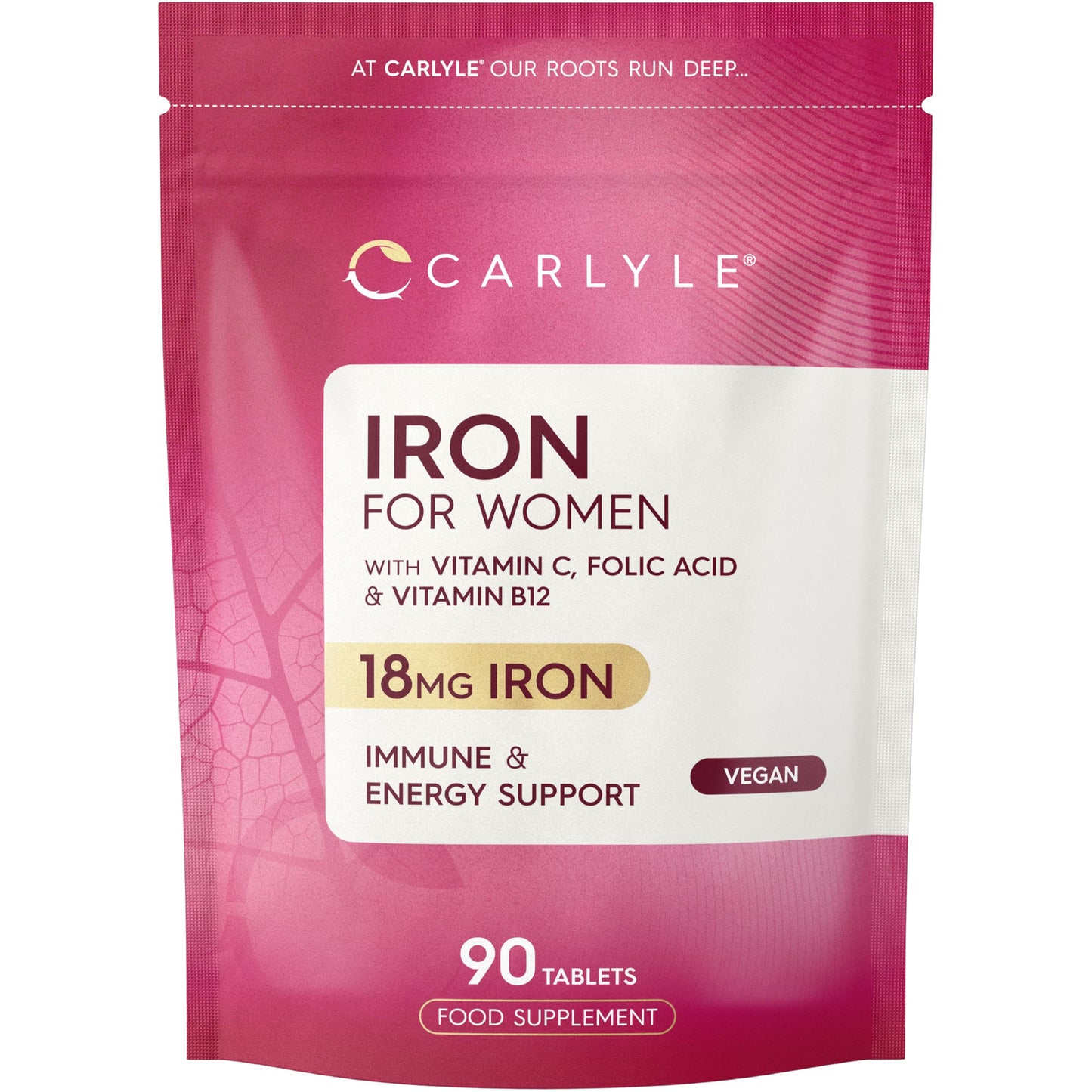 Iron Tablets 18mg | High Strength for Women | with Vitamin B12, Vitamin C and Folic Acid | 100% NRV Iron Complex | 90 Vegan Tablets | by Carlyle