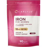 Iron Tablets 18mg | High Strength for Women | with Vitamin B12, Vitamin C and Folic Acid | 100% NRV Iron Complex | 90 Vegan Tablets | by Carlyle