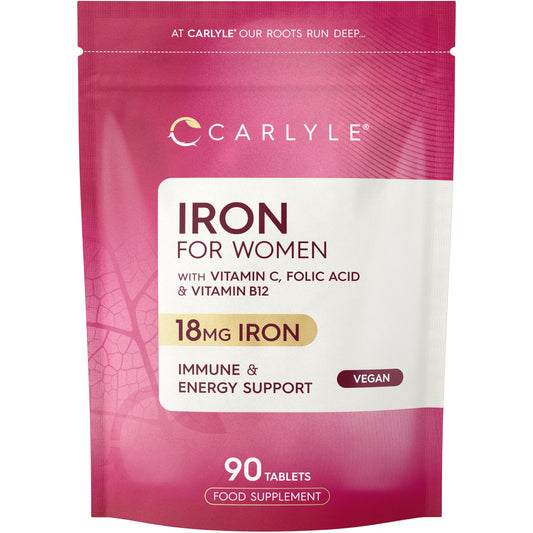 Iron Tablets 18mg | High Strength for Women | with Vitamin B12, Vitamin C and Folic Acid | 100% NRV Iron Complex | 90 Vegan Tablets | by Carlyle