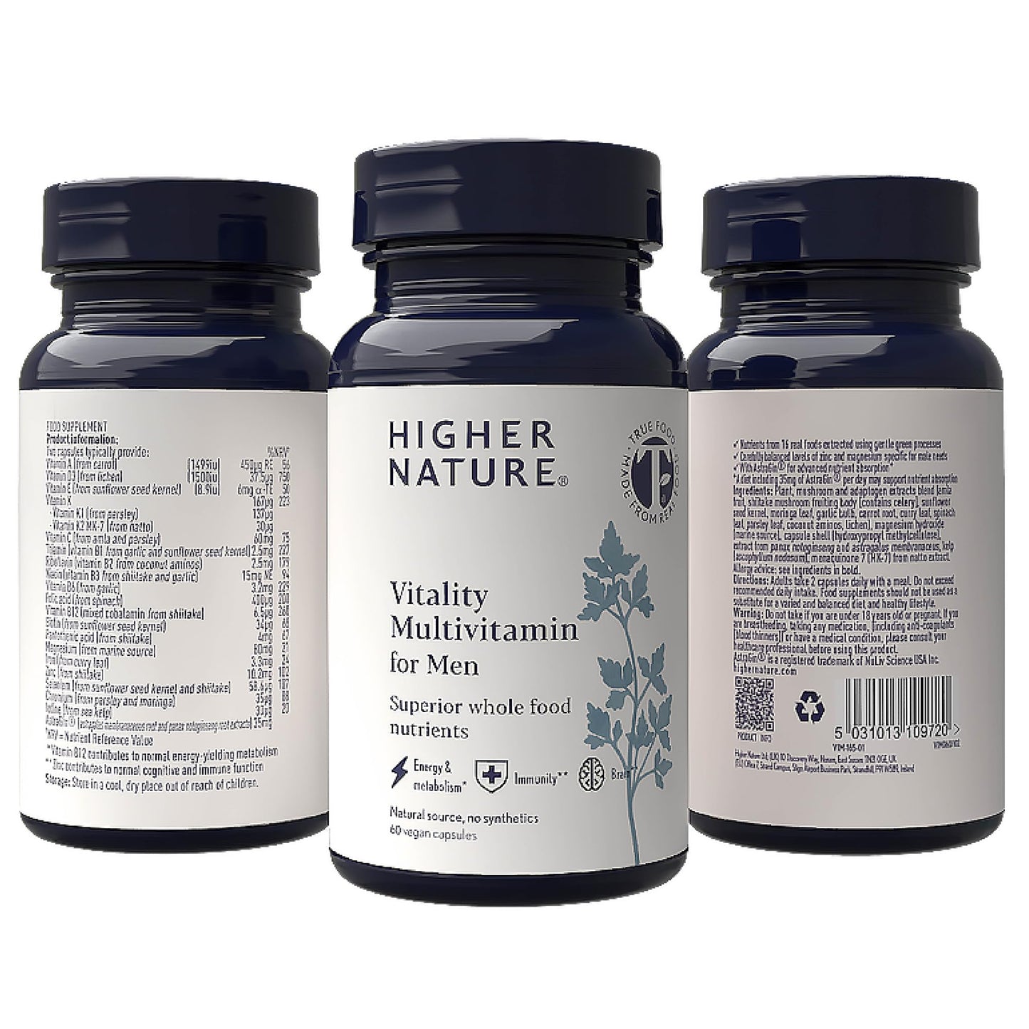 HIGHER NATURE Higher Nature - Vitality Multivitamin for Men - True Food Formula Nutrients from 16 Real Foods - Vegan - One Month Supply - 60 Capsules