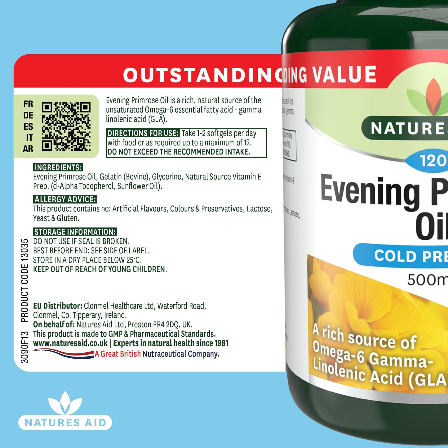 Natures Aid Evening Primrose Oil 500mg – Cold Pressed Omega-6 GLA – Supports Hormonal Balance, Skin Health & Anti-Inflammatory Function – Non-GMO, Gluten-Free – 120 Softgels