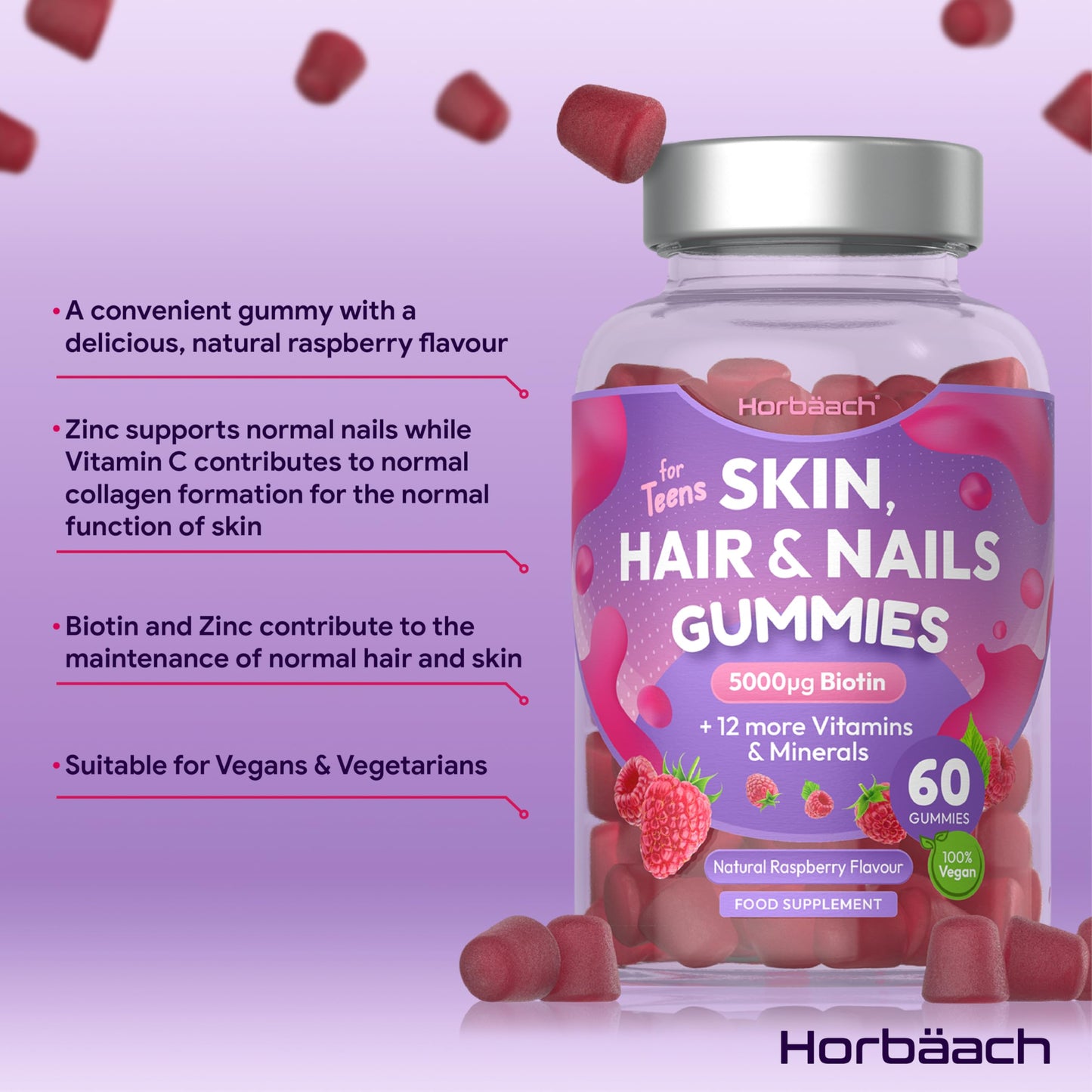Horbäach Skin Hair and Nail Vitamin Gummies for Teens | 60 Count | Natural Raspberry Flavour | 5000ug of Biotin with 12 More Vitamins and Minerals | Vegan Food Supplement | by Horbaach