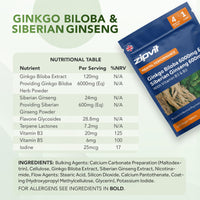 Zipvit Ginkgo Biloba 6000mg & Siberian Ginseng 600mg with Vitamins B3 & B5 Pouch, 120 Vegan Tablets, Supports Energy & Mental Performance, 4 Month Supply