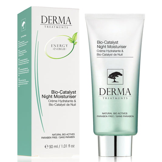Derma Treatments Bio-Catalyst Night Moisturiser with Vitamin E & Coconut Oil which aims to deeply hydrate and nourish the skin 50ml