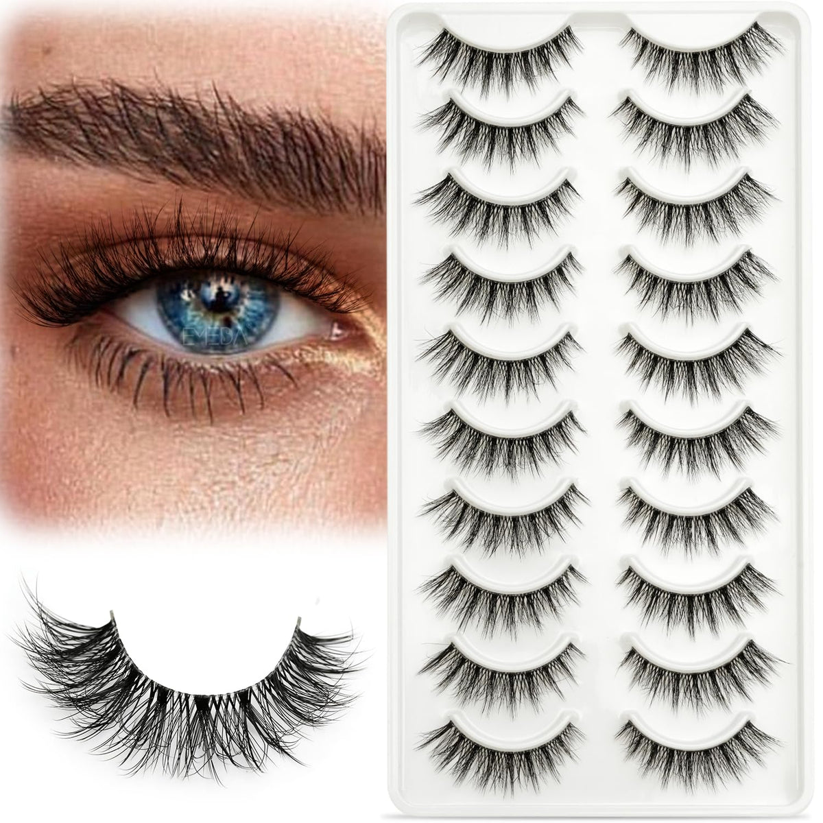EMEDA 10 Pairs 3D Fake Lashes - Short, Soft, Reusable, Transparent Strip Lashes - Handmade, Natural Looking Eyelash