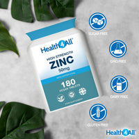 Health4All Zinc 50mg 180 Tablets 6 Months Supply, with Copper, High Strength Zinc Supplements for Immune Support, Skin, Hair & Nail, Vegan Immunity Supplements for Men & Women | Made in UK