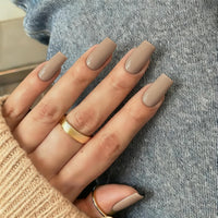 KQueenest Light Gray Press on Nails Long Square, Nude Brown False Nails Long Medium Coffin, Glossy Natural Solid Fake Nails Set, Reusable Gel Stick on Nail for Women Finger Daily Wear 24 Pcs