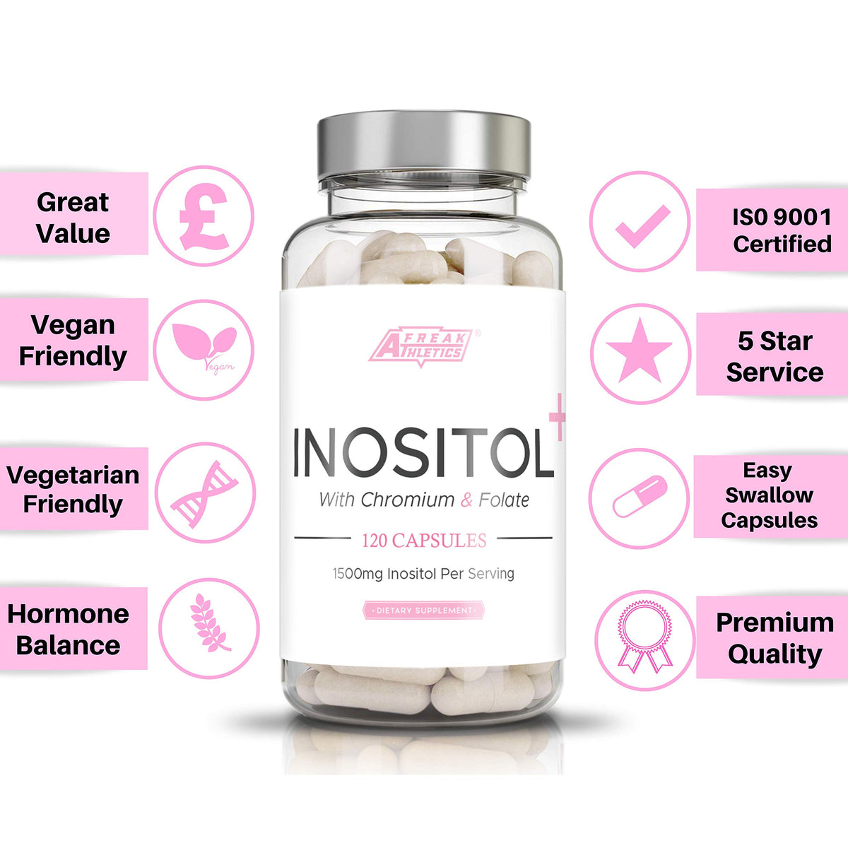 Myo Inositol Capsules by Freak Athletics - Inositol Capsules with Chromium & Folate - 120 Capsules Vegan & Vegetarian Friendly - UK Made