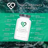 Vitamin B Complex High Strength | 90 Capsules - 90 Day Supply | All 9 B Vitamins B1-B2-B3-B5-B6-B7-B9-B10-B12, Inositol and Choline | Completely Clean - No Fillers | Love Life Supplements