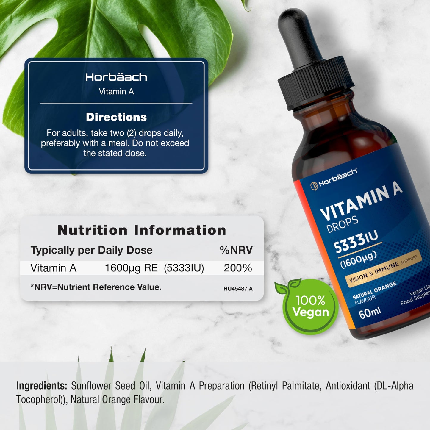 Horbäach Vitamin A Drops 5333IU | 60 mL | High Strength Vitamin A as Retinol Palmitate | Vegan Liquid Oral Supplement for Adults | Orange Flavour | By Horbaach