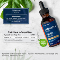 Horbäach Vitamin A Drops 5333IU | 60 mL | High Strength Vitamin A as Retinol Palmitate | Vegan Liquid Oral Supplement for Adults | Orange Flavour | By Horbaach