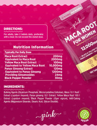 Maca Root Capsules for Women 12,000mg | Peruvian Maca Supplement | High Strength Black & Yellow Maca Root with Panax Ginseng and Black Pepper | Botanical Supplement to Support Women's Health | by PINK