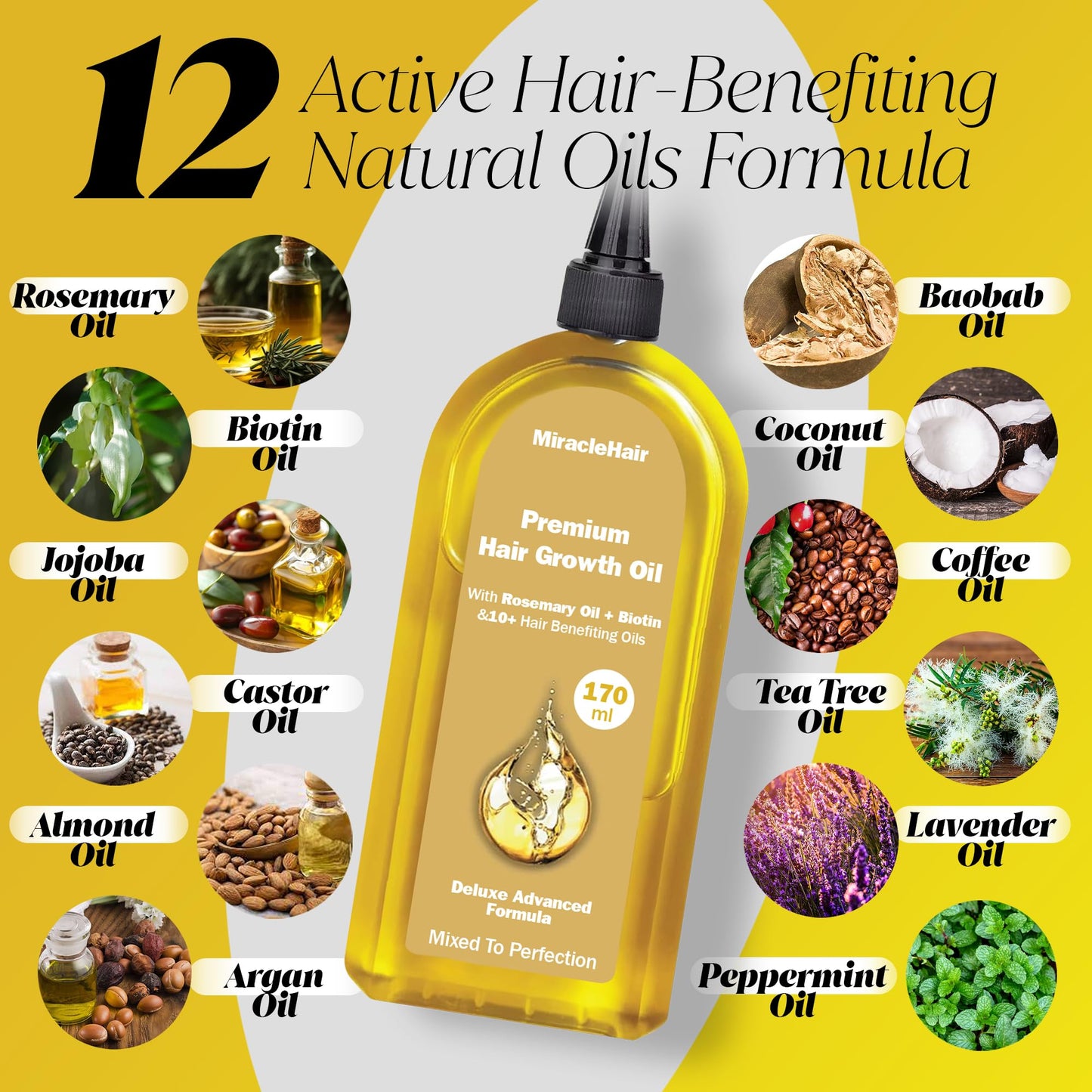 MiracleHair x2 Premium Hair Growth Oil XL 170ml - Rosemary, Biotin, Jojoba, Castor, Coffee, Almond, Argan, Baobab, Peppermint, Ginger & Tea Tree Oil - Hair Growth & Thickening & Loss Prevention - UK Based Brand