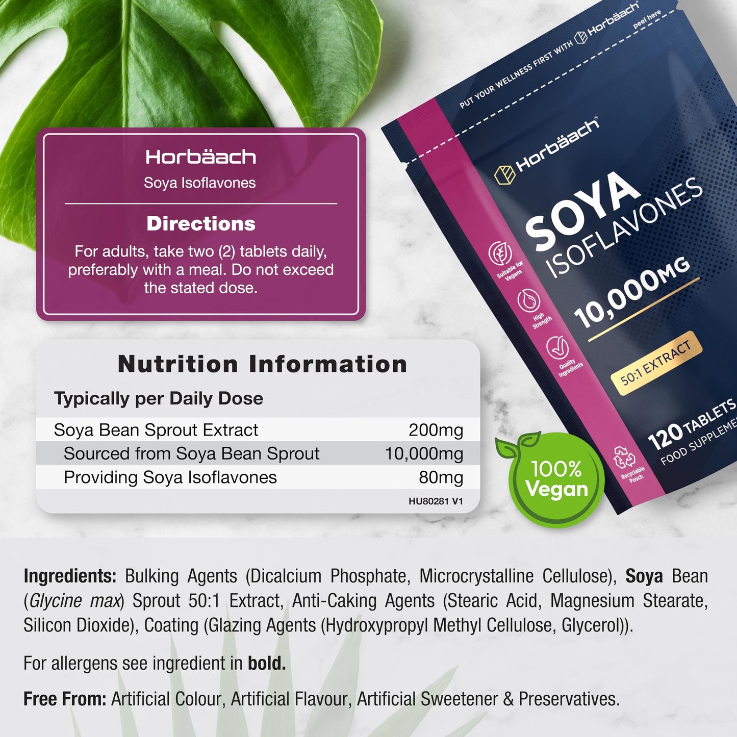 Horbäach SOYA Isoflavones 10,000mg | 120 Vegan Tablets | High Strength SOYA Bean Extract | Providing 80mg Isoflavones | by Horbaach