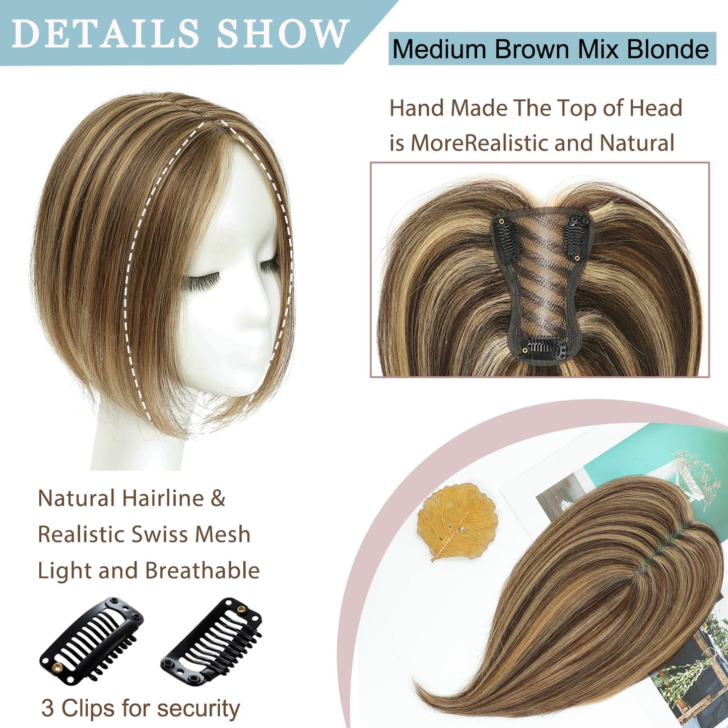 SEA SINGING Hair Toppers for Women Real Human Hair Toppers for Women with Thinning Hair Remy Toppers Hair Pieces for Women Human Hair clip on 100% Human Hair Toppers Medium Brown Mix Blonde(10inch, HL-4P27)