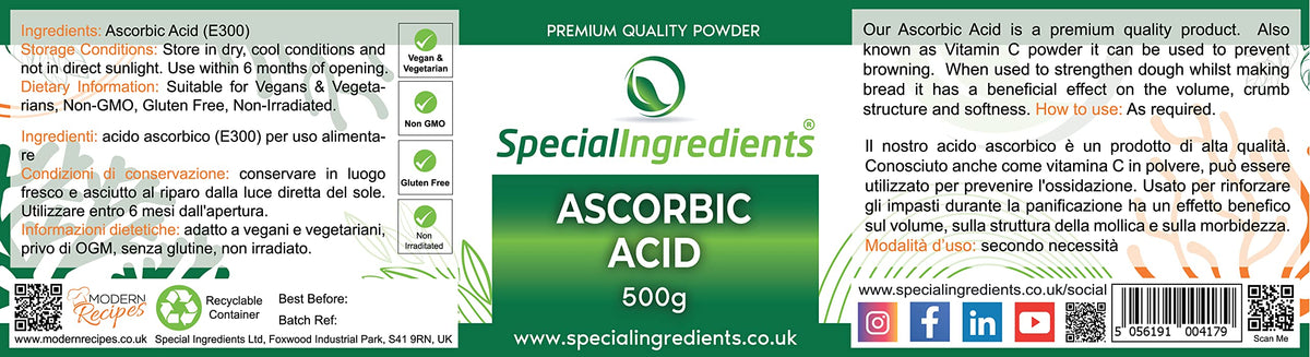 SPECIAL INGREDIENTS Ascorbic Acid 500g Premium Quality - Vegans, Non-GMO, Gluten Free