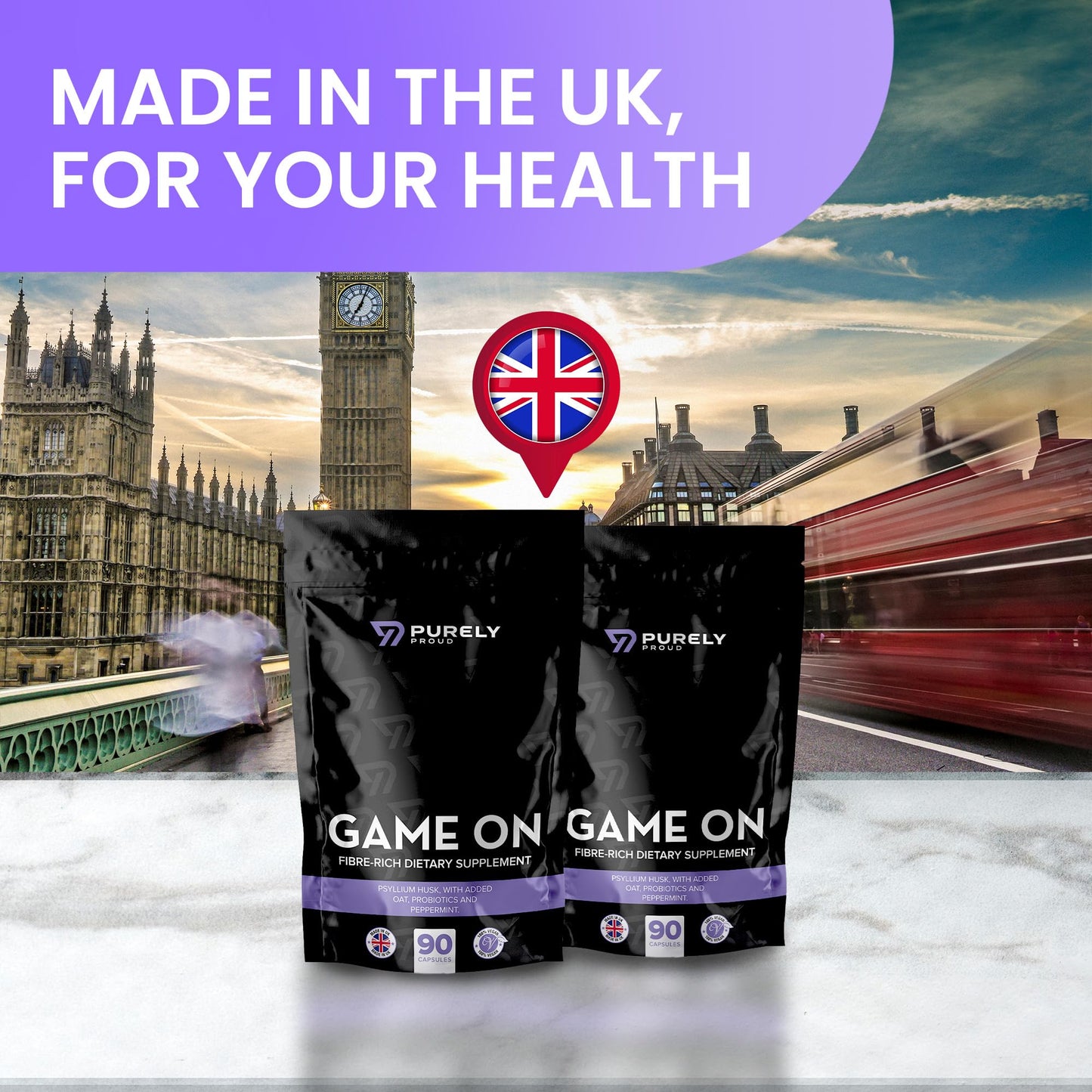 Purely Proud Game ON – Fibre Rich Supplement for Bottoms | Stay Ready with Psyllium Husk, Probiotics, Peppermint | Supports Digestion, Gut Health & Clean Confidence | Vegan | 90 Capsules | Made in UK